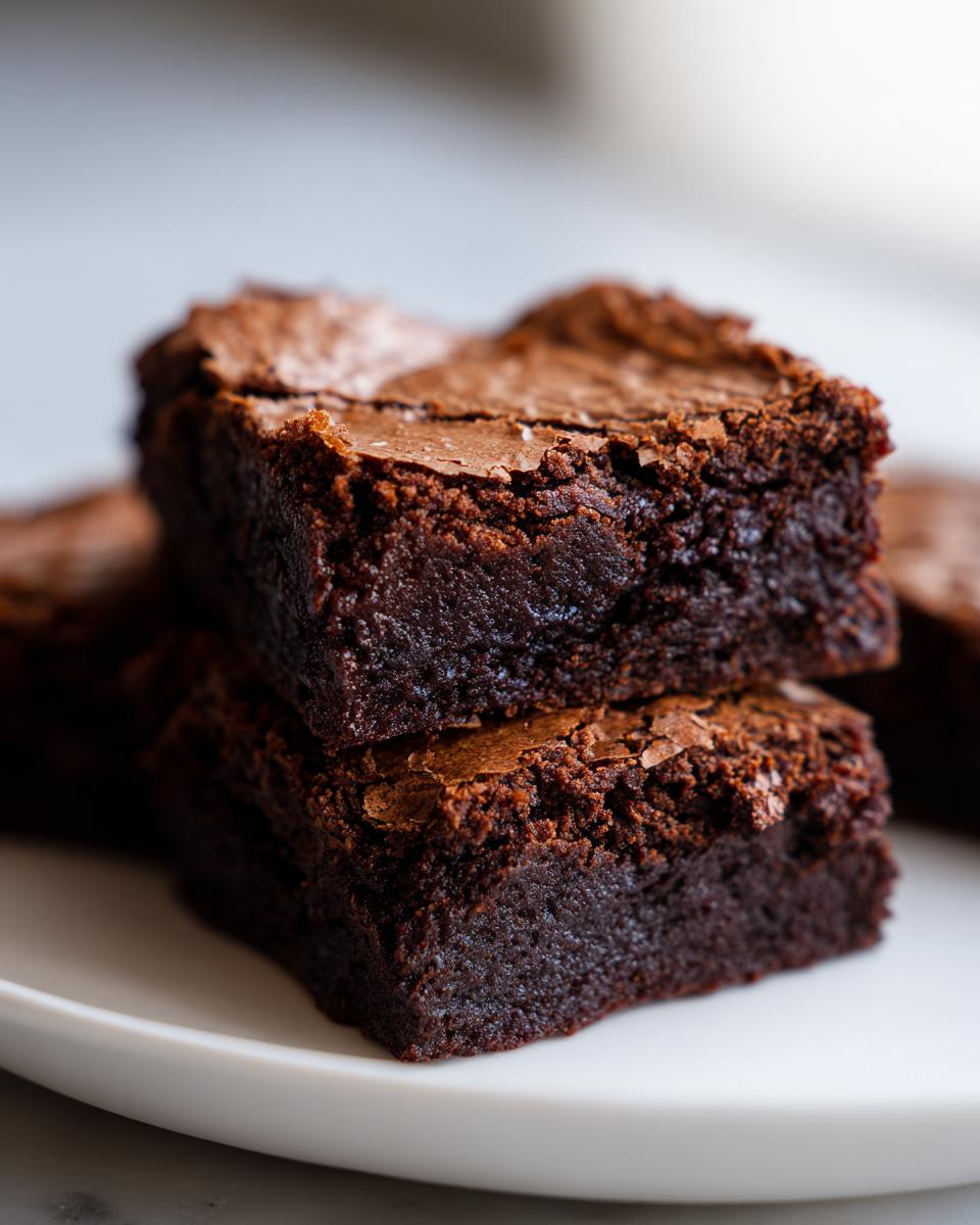 Two stacked, fudgy brownie squares showing a rich dark interior and a signature crackly top.