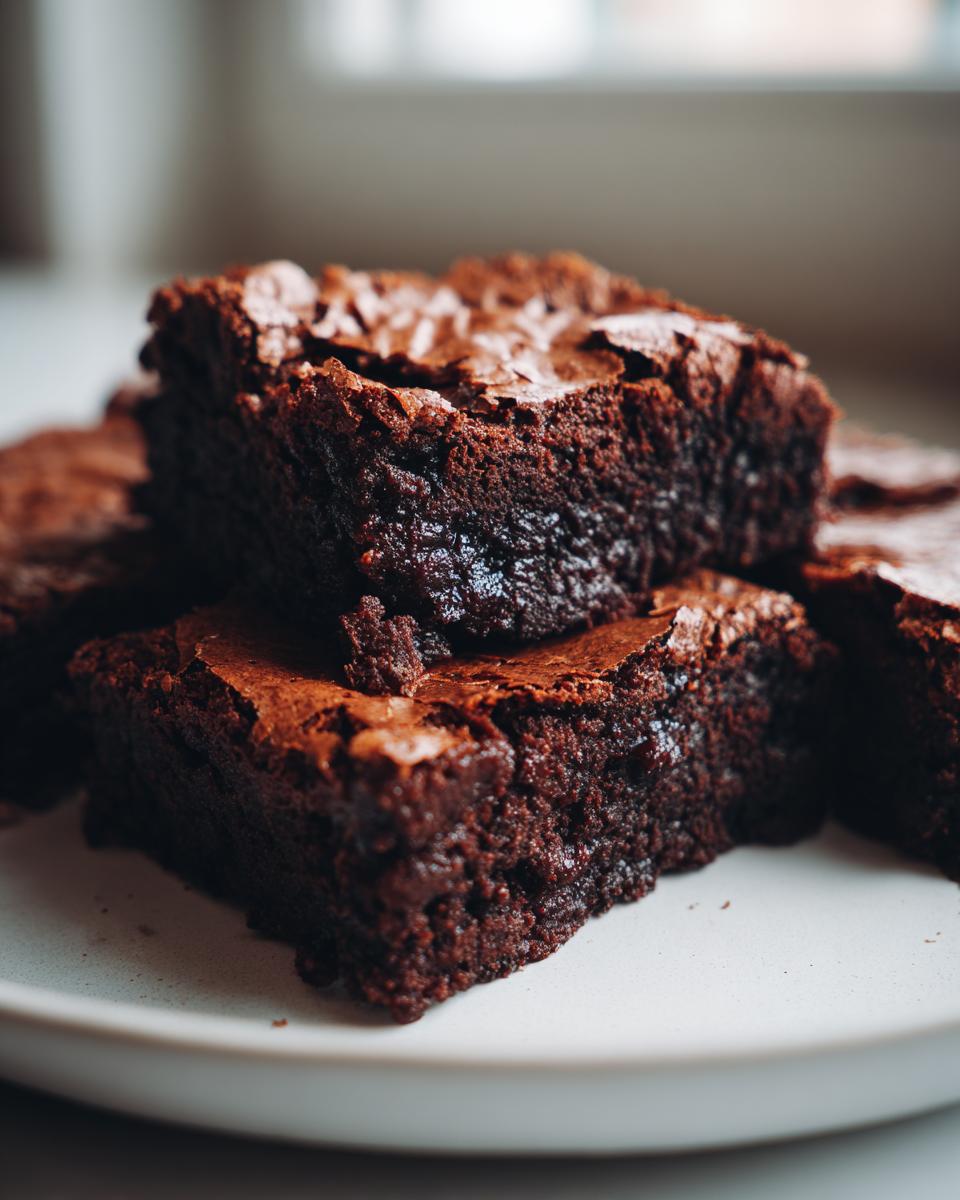 Close-up of several fudgy brownie squares stacked on a white plate, showing rich dark chocolate color.