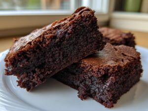 Two rich, dark chocolate brownie squares stacked on a white plate, showing their fudgy interior and crackly top.