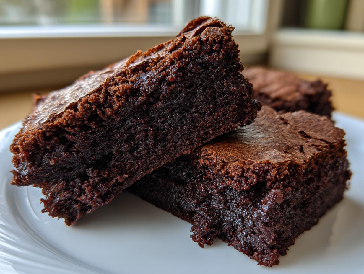 Two rich, dark chocolate brownie squares stacked on a white plate, showing their fudgy interior and crackly top.