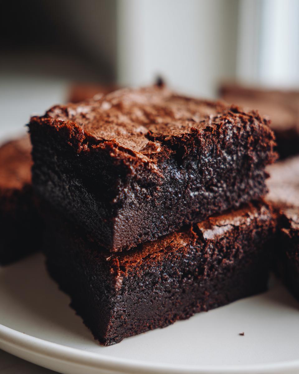 Close-up of two rich, fudgy brownie squares stacked on a white plate, showing their dense texture.