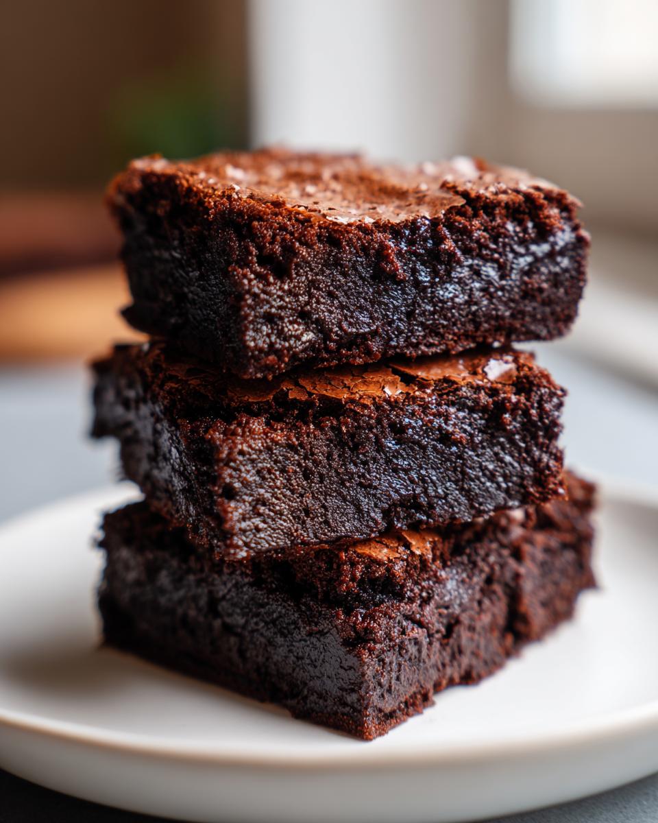 A stack of three rich, fudgy brownie squares with shiny, slightly cracked tops resting on a white plate.