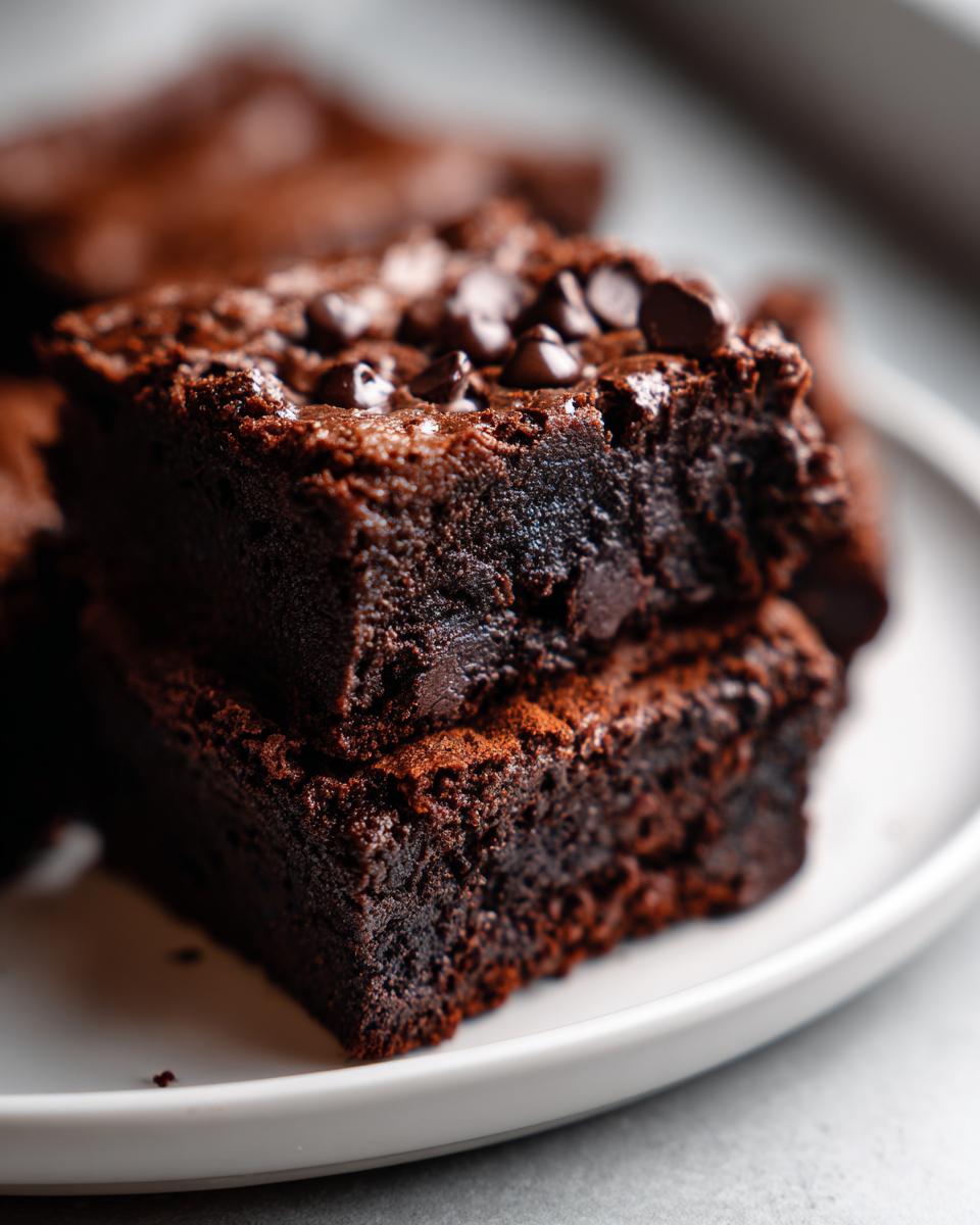 Close-up of two stacked, fudgy chocolate brownies topped with chocolate chips, suggesting they came from black bean brownie batter.