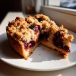 Close-up of a slice of german plum cake showing the rich plum filling and buttery crumble topping.