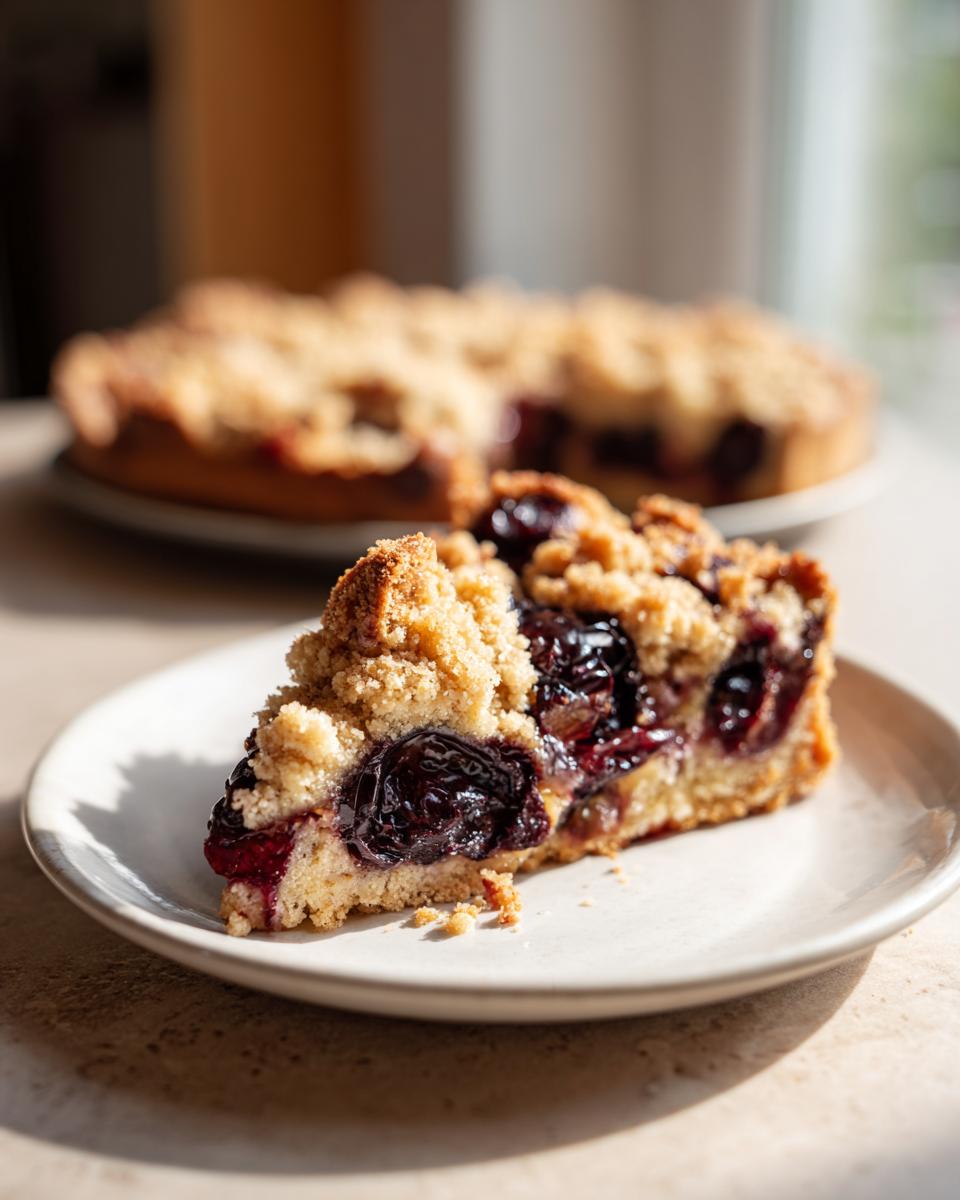 A close-up slice of german plum cake featuring dark, juicy fruit and a thick, golden crumb topping on a small white plate.