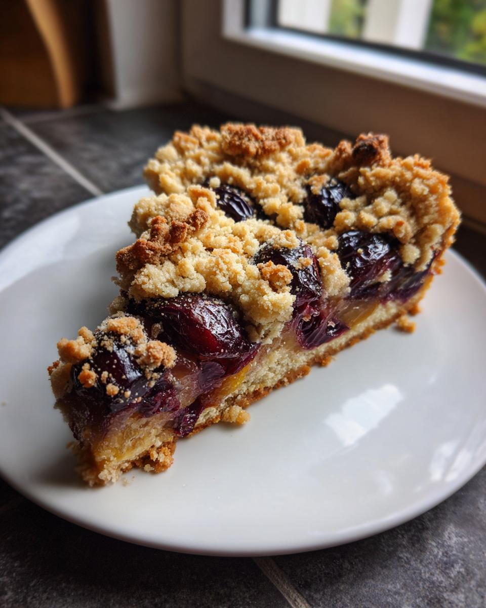 A close-up of a slice of german plum cake featuring dark plums and a generous crumb topping on a white plate.