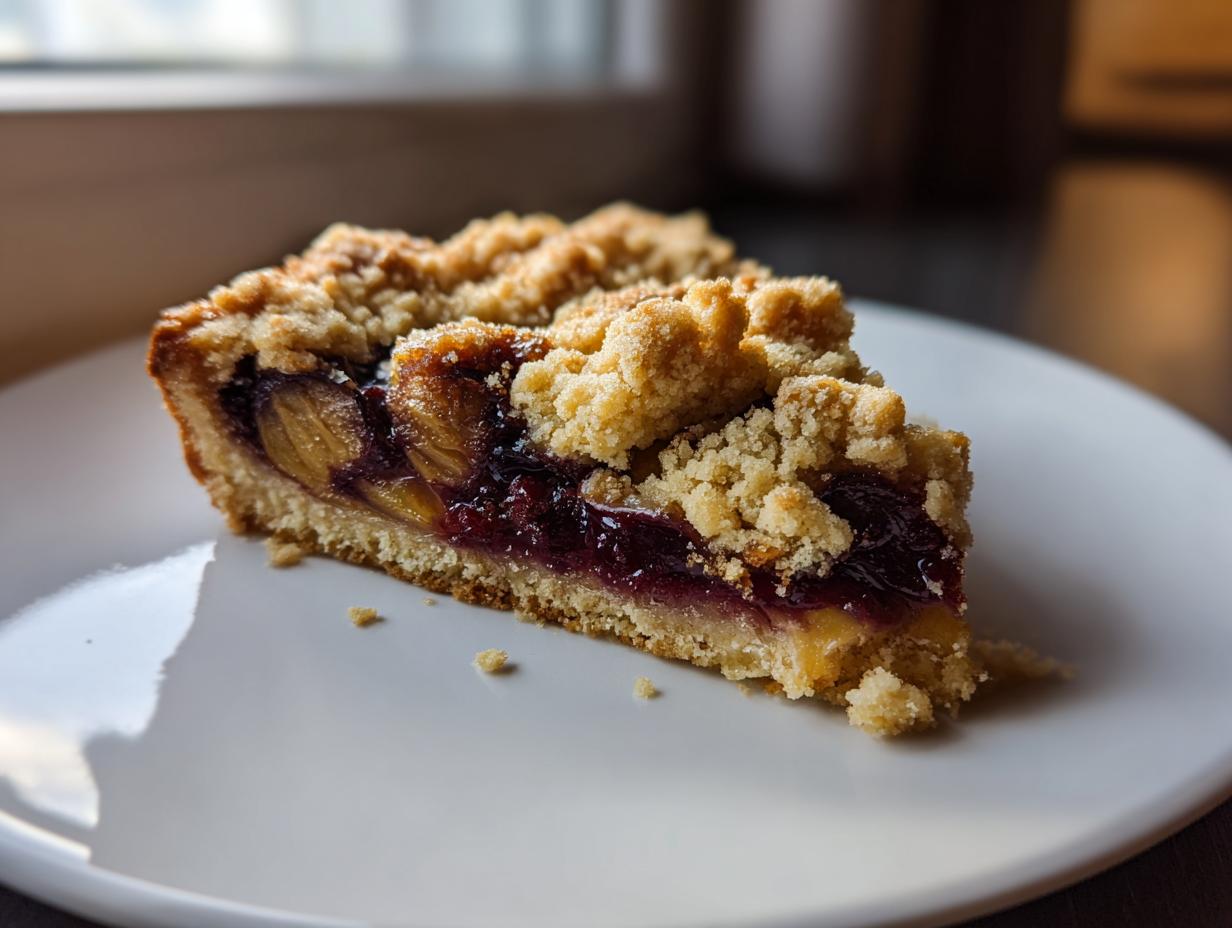 A close-up shot of a delicious slice of german plum cake featuring a buttery crust, dark plum filling, and streusel topping.