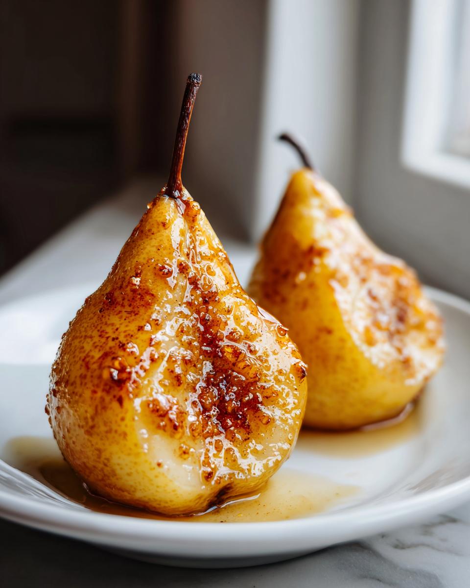 Two beautifully caramelized baked pears recipe halves sitting in syrup on a white plate.