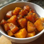 Close-up of perfectly cooked, orange braised butternut squash cubes seasoned with herbs in a white serving bowl.