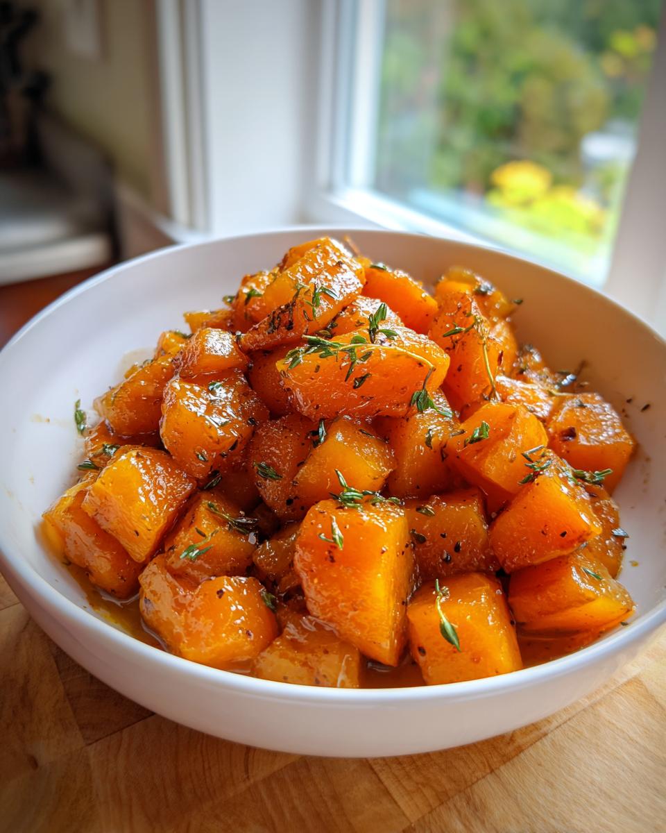 Close-up of tender, orange cubes of braised butternut squash glistening in a glaze and topped with fresh thyme.