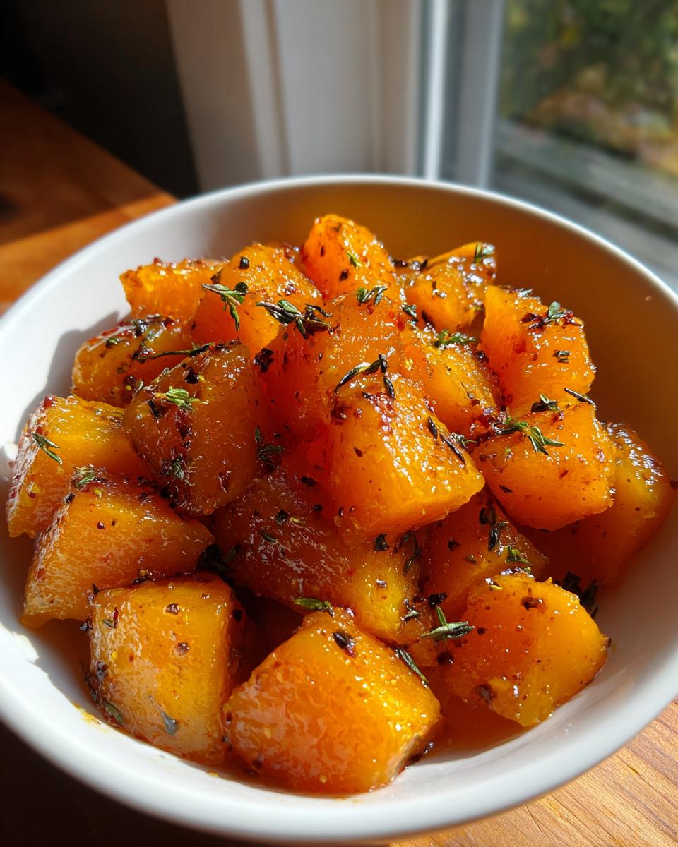 Close-up of bright orange, glazed braised butternut squash cubes seasoned with fresh thyme.