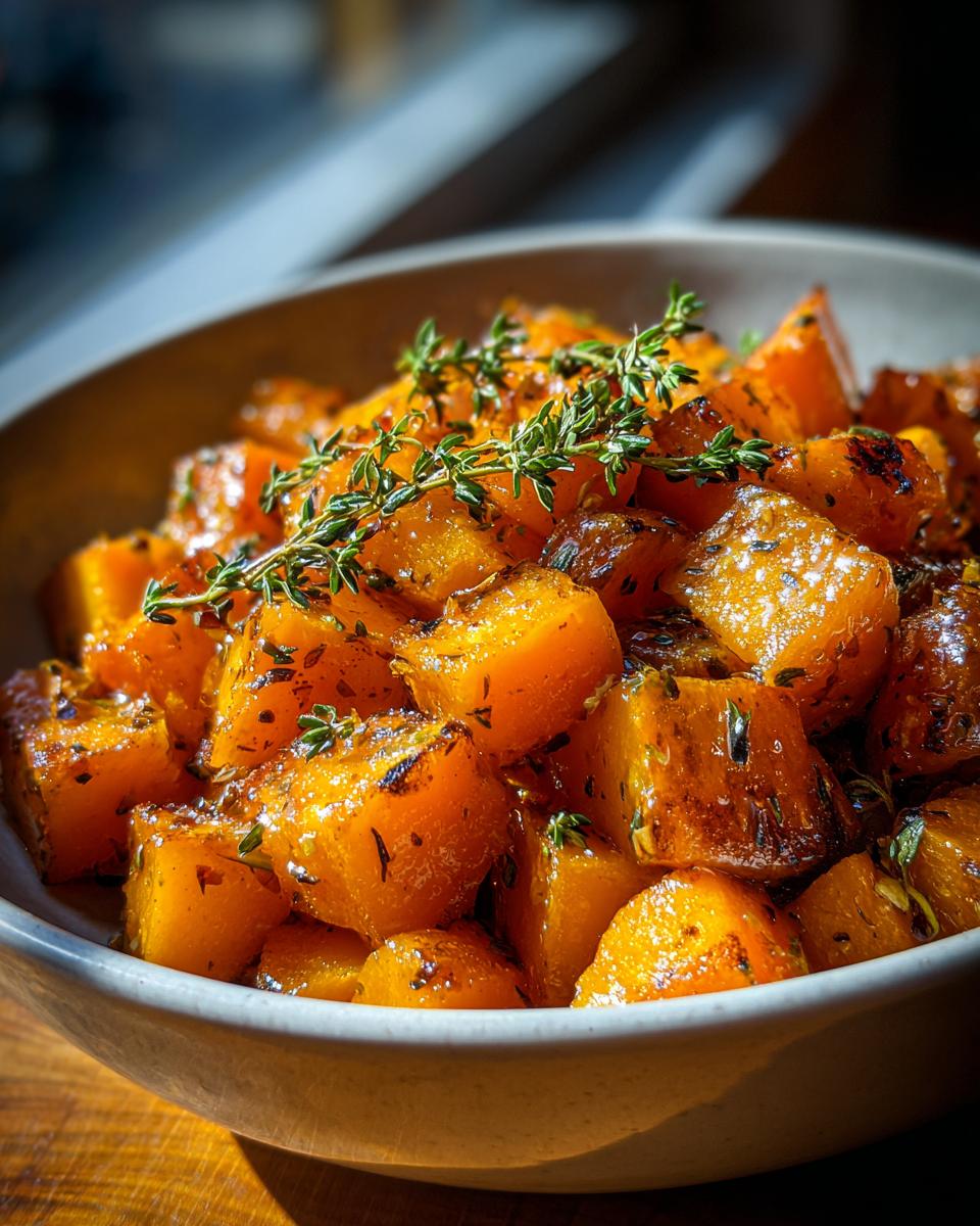 A bowl filled with glistening, caramelized cubes of braised butternut squash garnished with fresh thyme sprigs.
