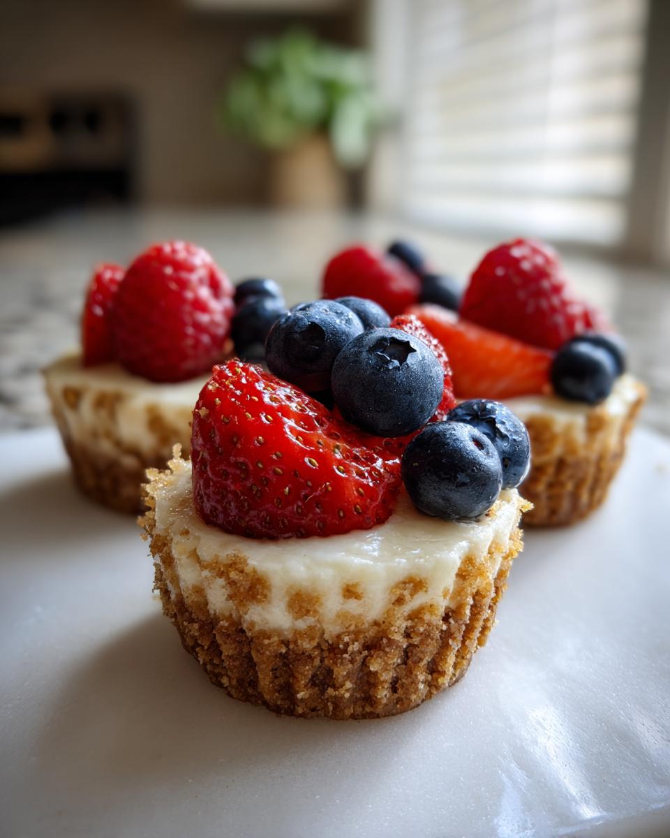 Close-up of one of the fresh mini cheesecakes topped with a strawberry slice, blueberries, and raspberries.