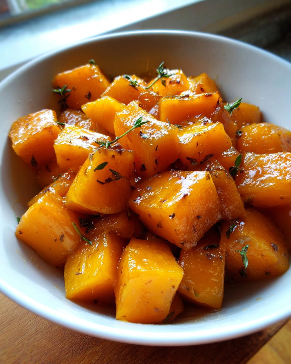 Close-up of glossy, orange cubes of braised butternut squash seasoned with fresh thyme leaves in a white bowl.