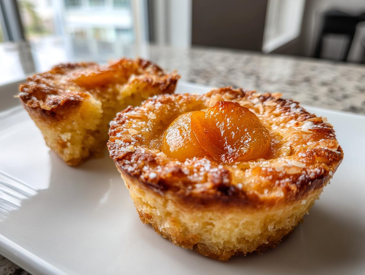 Two golden-brown apricot-almond tartlets dusted with powdered sugar on a white plate.