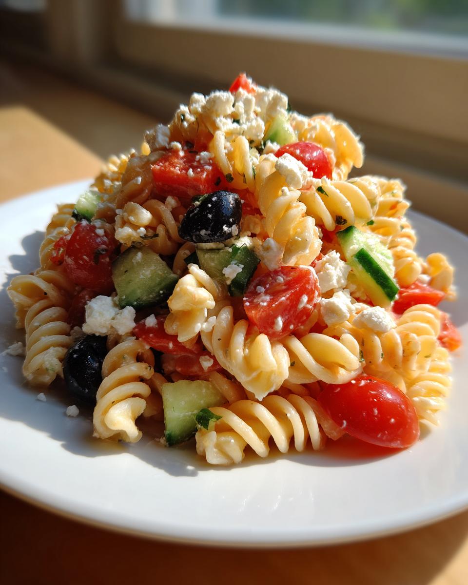 Close-up of a serving of fresh pasta salad featuring rotini, cherry tomatoes, cucumber, black olives, and crumbled feta cheese.