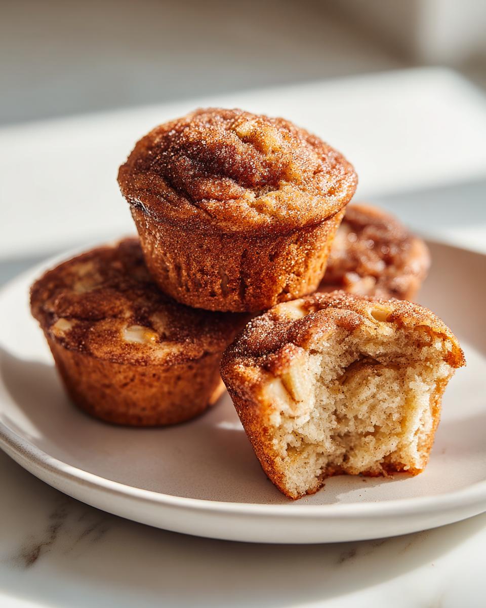 A stack of four moist greek yogurt apple muffins topped with cinnamon sugar, one having a bite taken out.