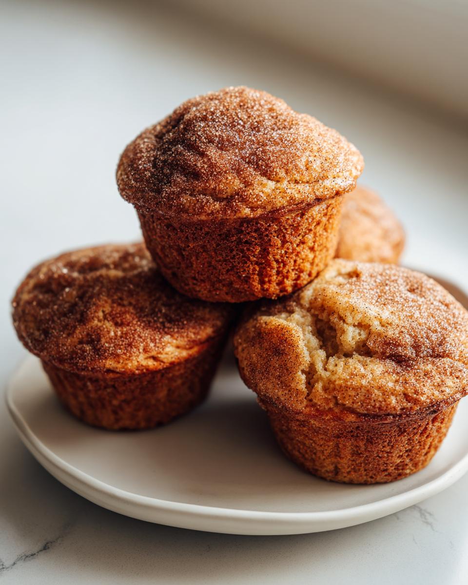 A close-up stack of golden brown greek yogurt apple muffins topped generously with cinnamon sugar.