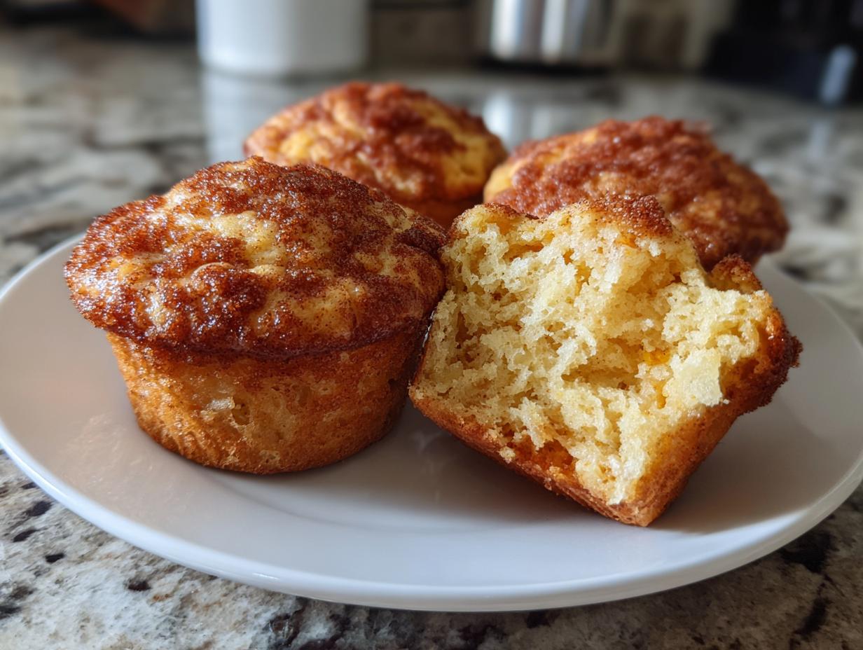 Close-up of three greek yogurt apple muffins, one broken open showing the soft interior and cinnamon topping.
