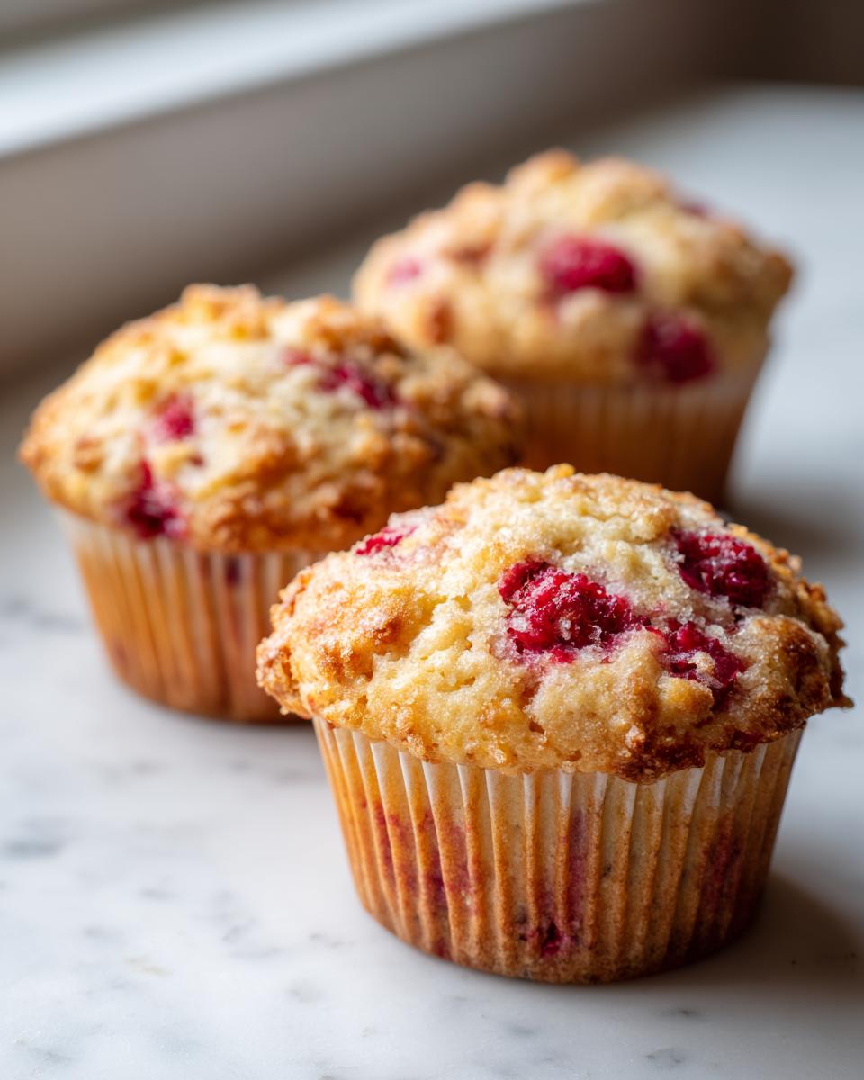 Three freshly baked greek yogurt raspberry muffins with a sugary, crumbly top, resting on a white marble surface.