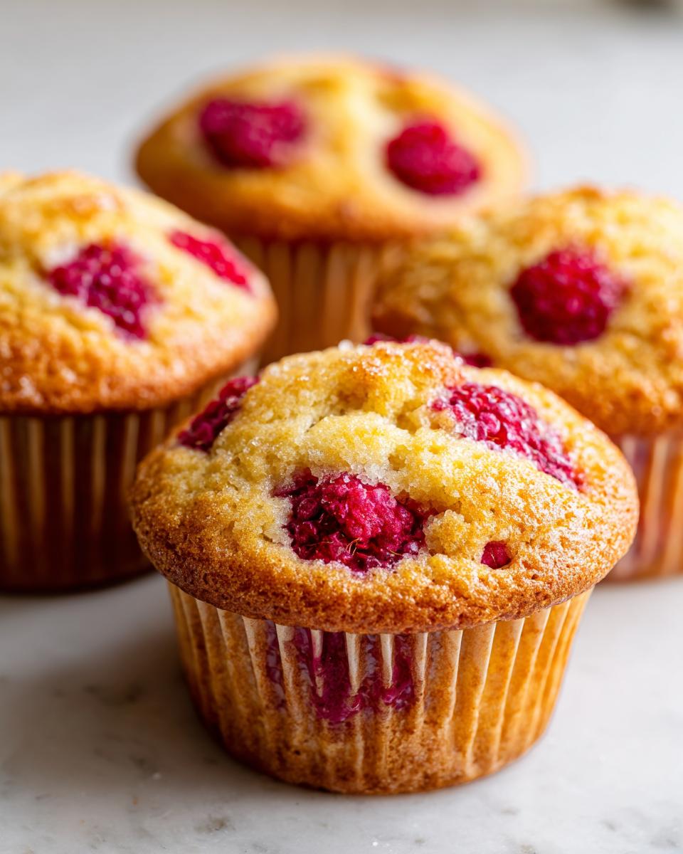 A close-up of four golden-brown greek yogurt raspberry muffins topped with visible raspberries and coarse sugar.