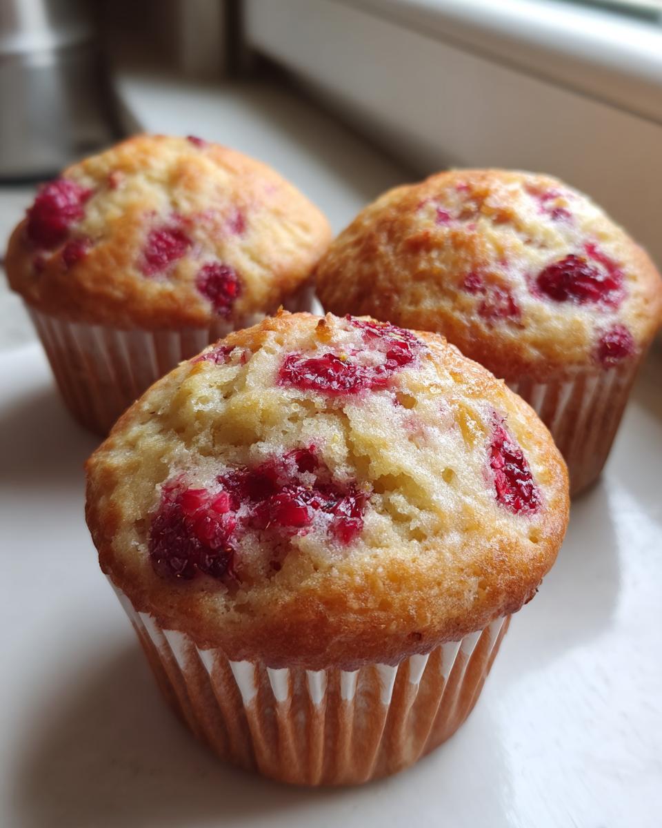 Three golden brown greek yogurt raspberry muffins topped with bright red raspberries, sitting on a white surface.