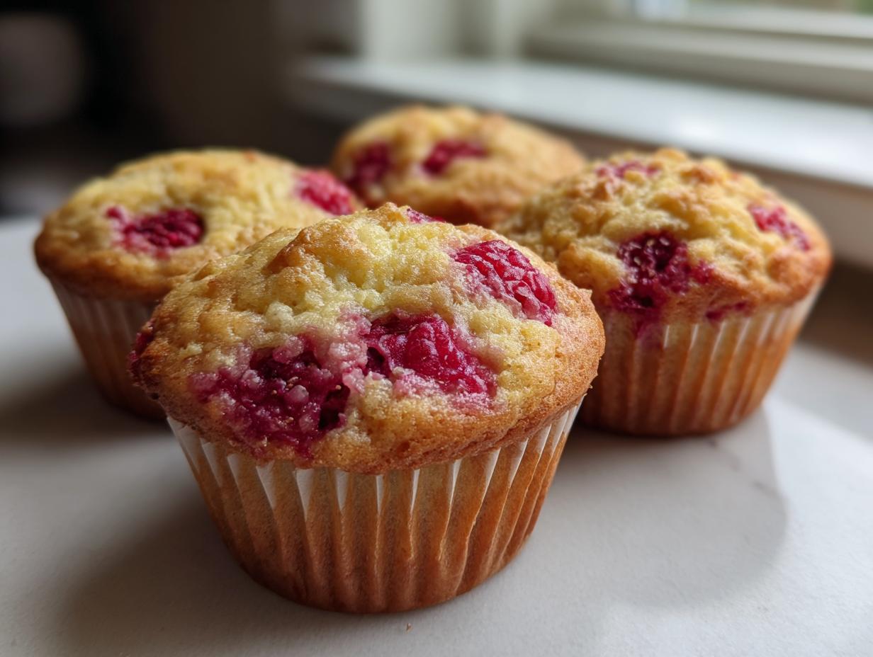 Close-up of four freshly baked greek yogurt raspberry muffins with bright red fruit visible on top.