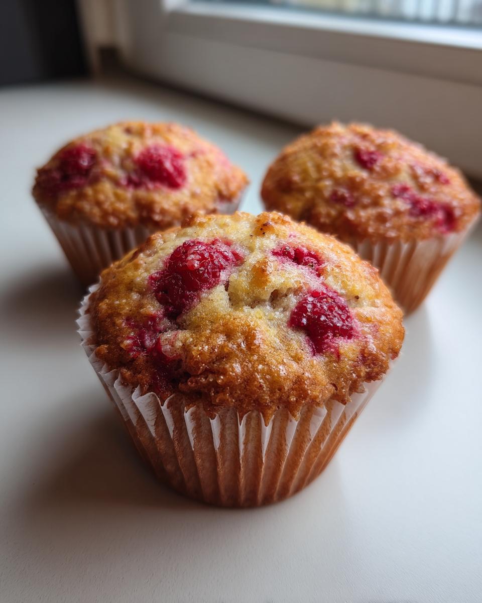 Three golden-brown greek yogurt raspberry muffins topped with bright red raspberries, sitting on a white surface.