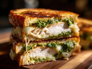 Close-up of a stacked grilled chicken pesto sandwich showing melted cheese oozing out and thick slices of chicken breast.