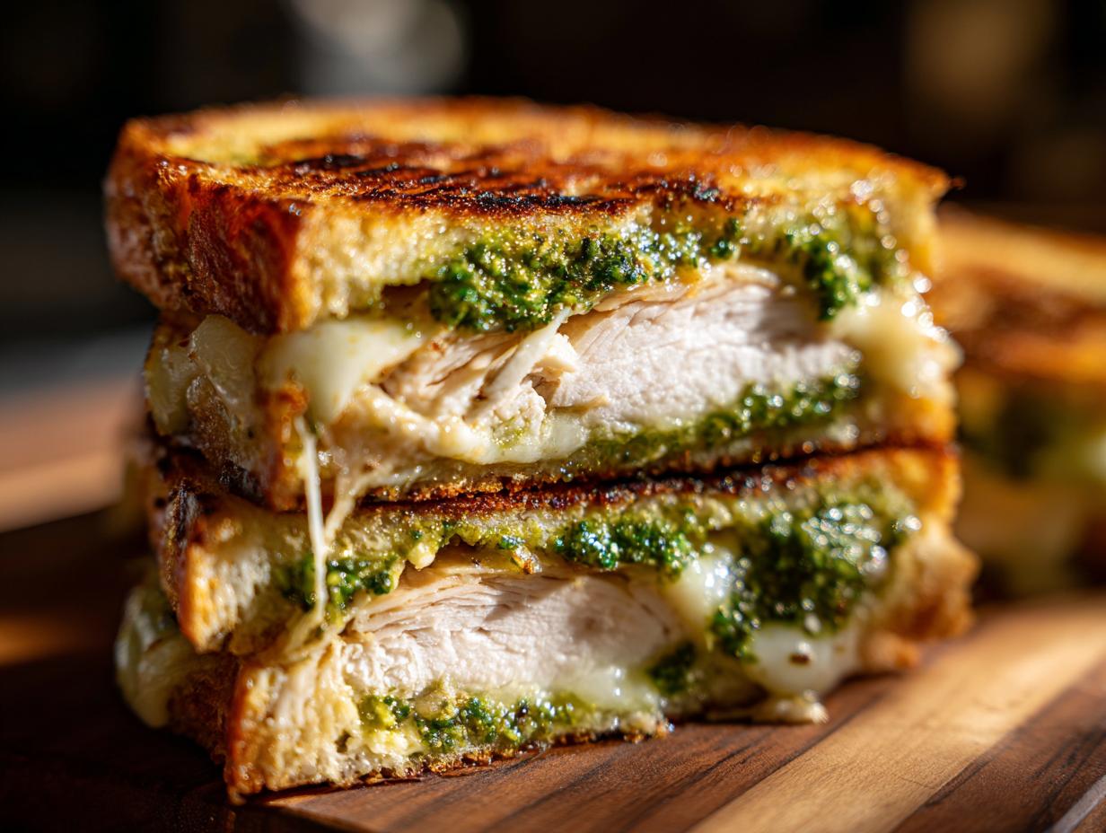 Close-up of a stacked grilled chicken pesto sandwich showing melted cheese oozing out and thick slices of chicken breast.