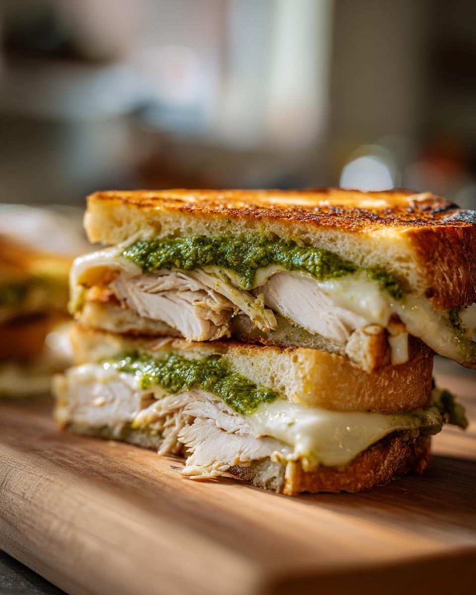 Close-up of a grilled chicken pesto sandwich cut in half, showing melted cheese and thick slices of chicken.