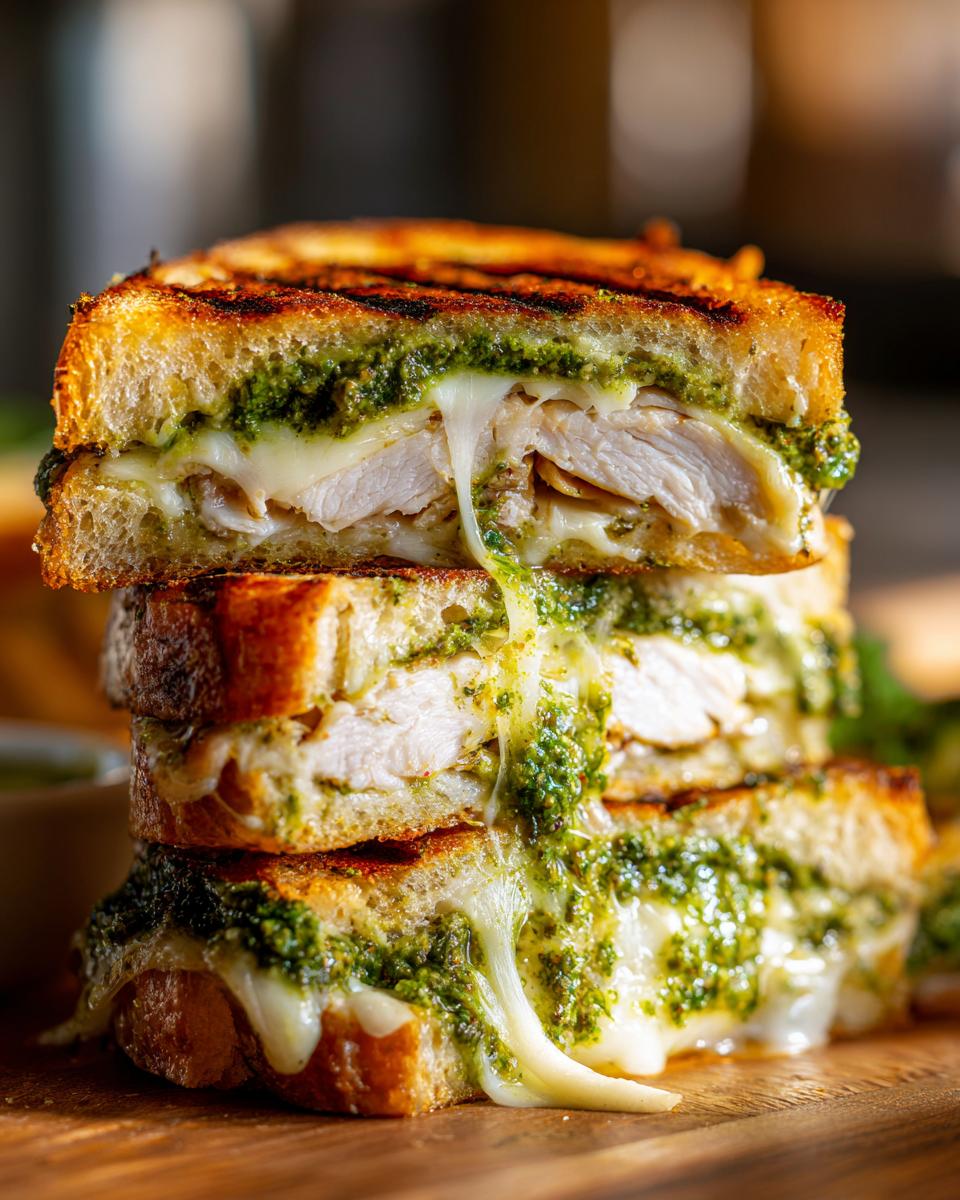 Close-up of a stack of grilled chicken pesto sandwich halves showing melted cheese and vibrant green pesto.