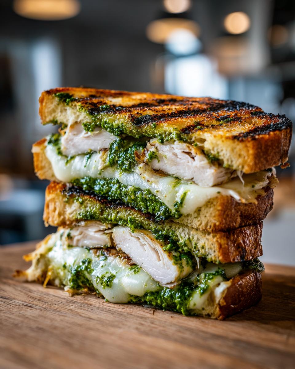 A tall stack of a grilled chicken pesto sandwich, featuring melted white cheese and vibrant green pesto on toasted bread.