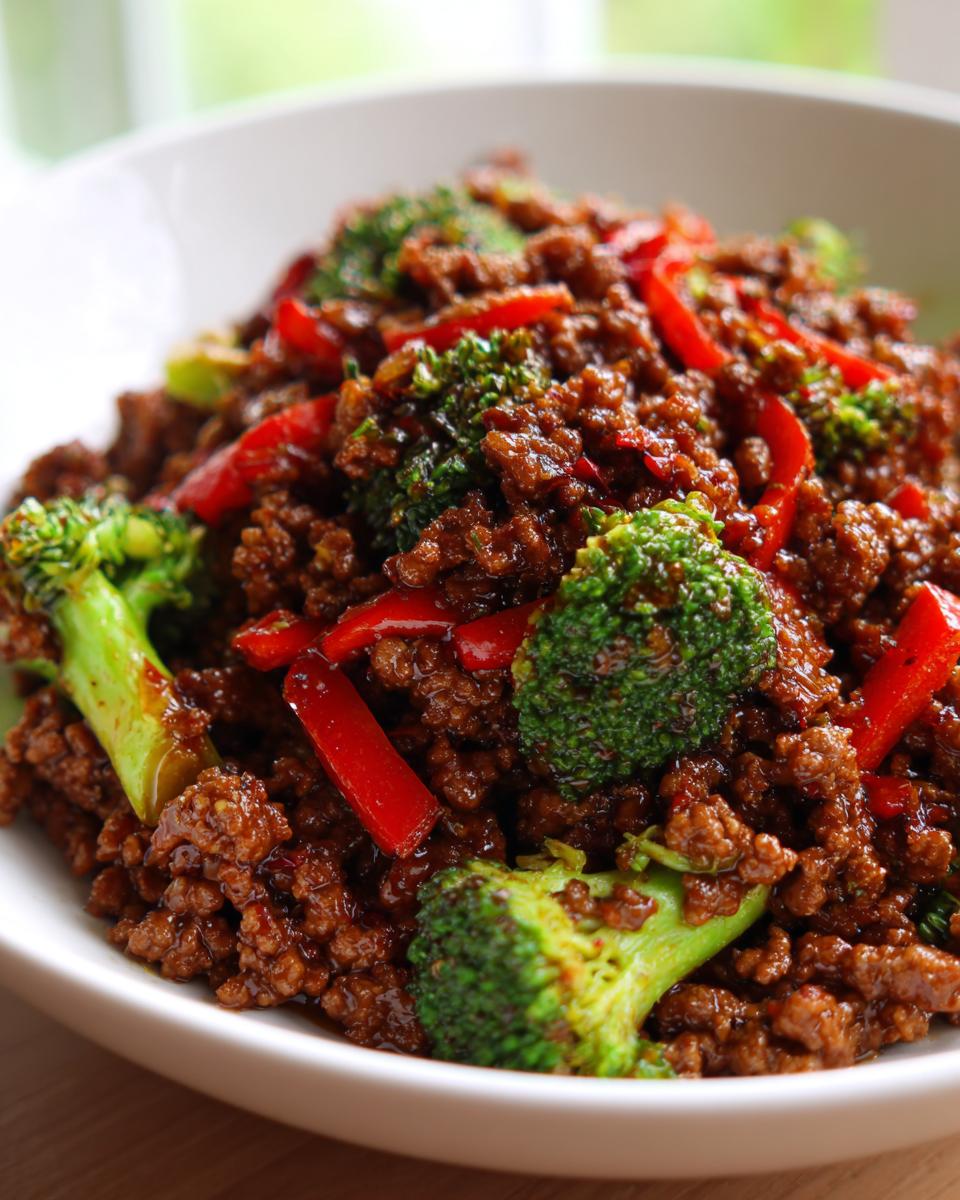 A close-up of a savory ground beef stir fry mixed with bright green broccoli florets and red bell pepper strips.