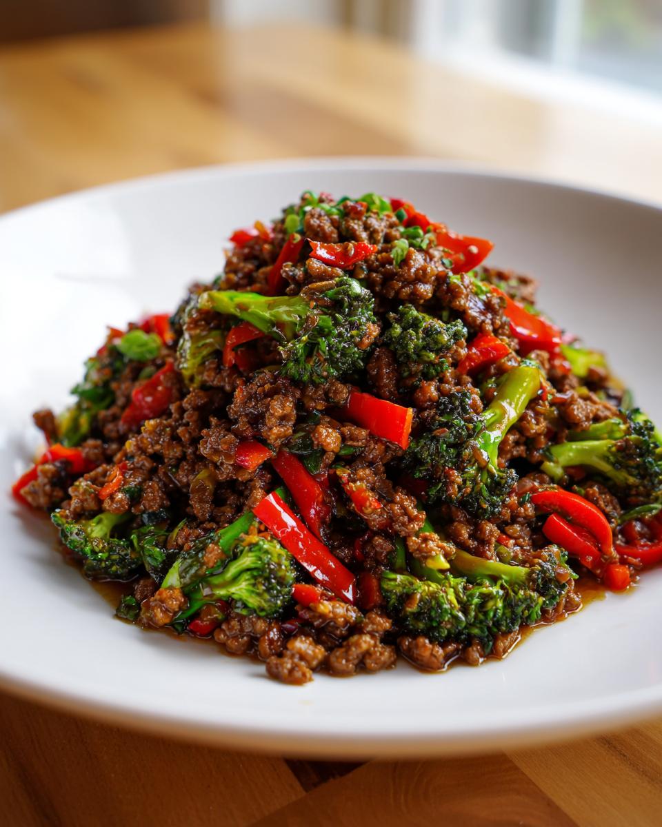 A mound of flavorful ground beef stir fry mixed with bright green broccoli florets and red bell pepper strips on a white plate.
