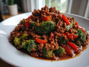 A close-up of a serving of delicious ground beef stir fry mixed with bright green broccoli florets and red bell pepper slices.