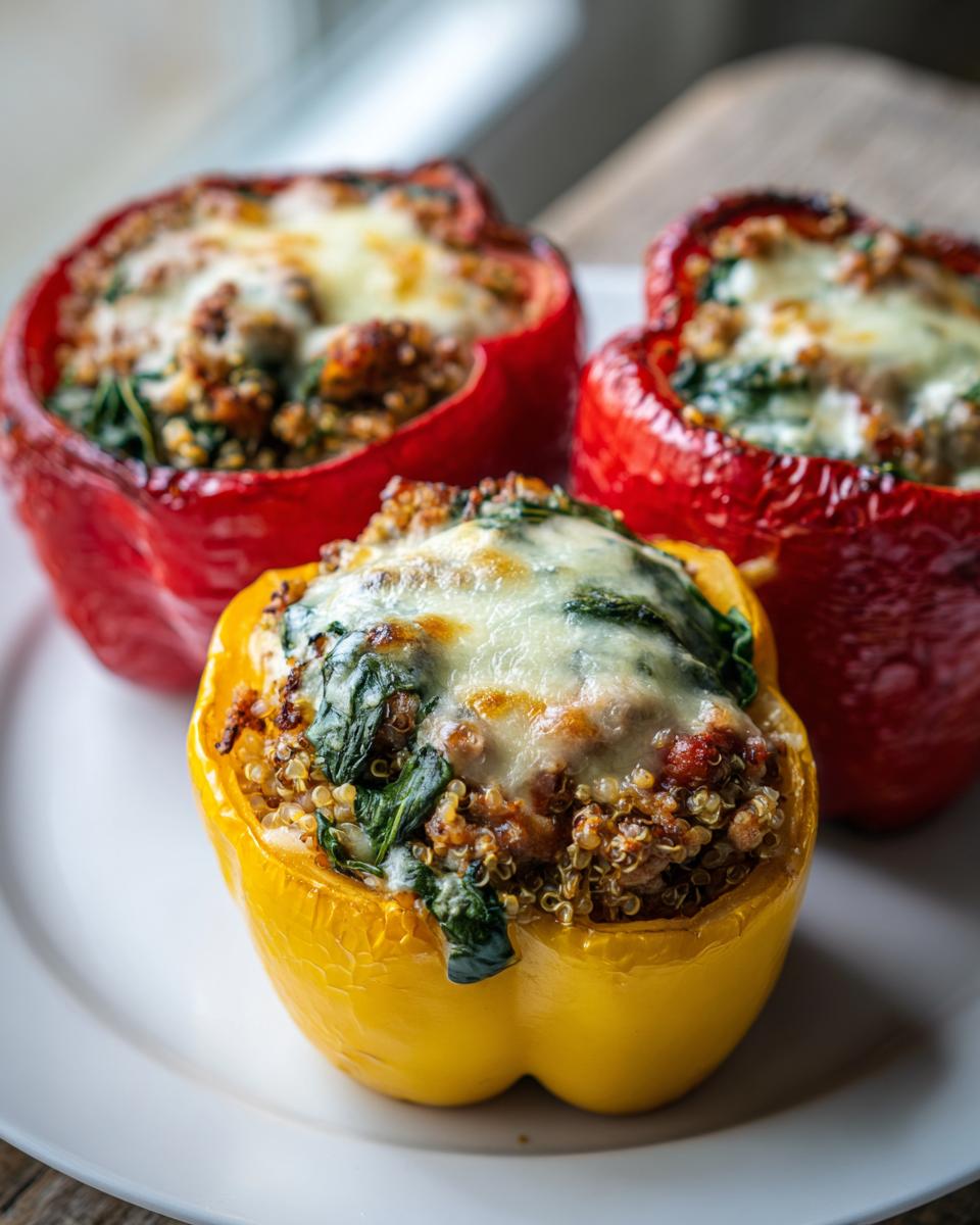 Three baked ground turkey stuffed peppers, one yellow and two red, topped with melted cheese.