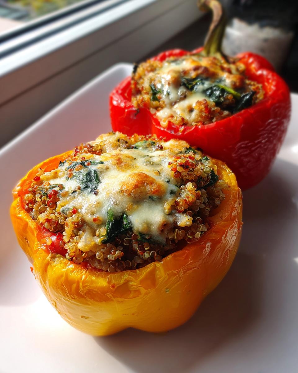 Two colorful ground turkey stuffed peppers, one yellow and one red, topped with melted cheese.