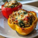 Close-up of two baked ground turkey stuffed peppers, one yellow and one red, topped with melted, browned cheese.