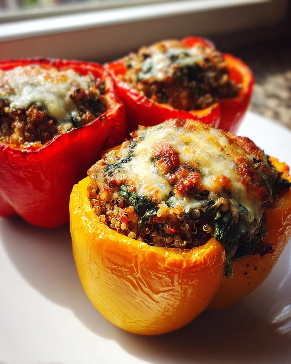 Three baked ground turkey stuffed peppers, one yellow and two red, topped with melted, browned cheese.