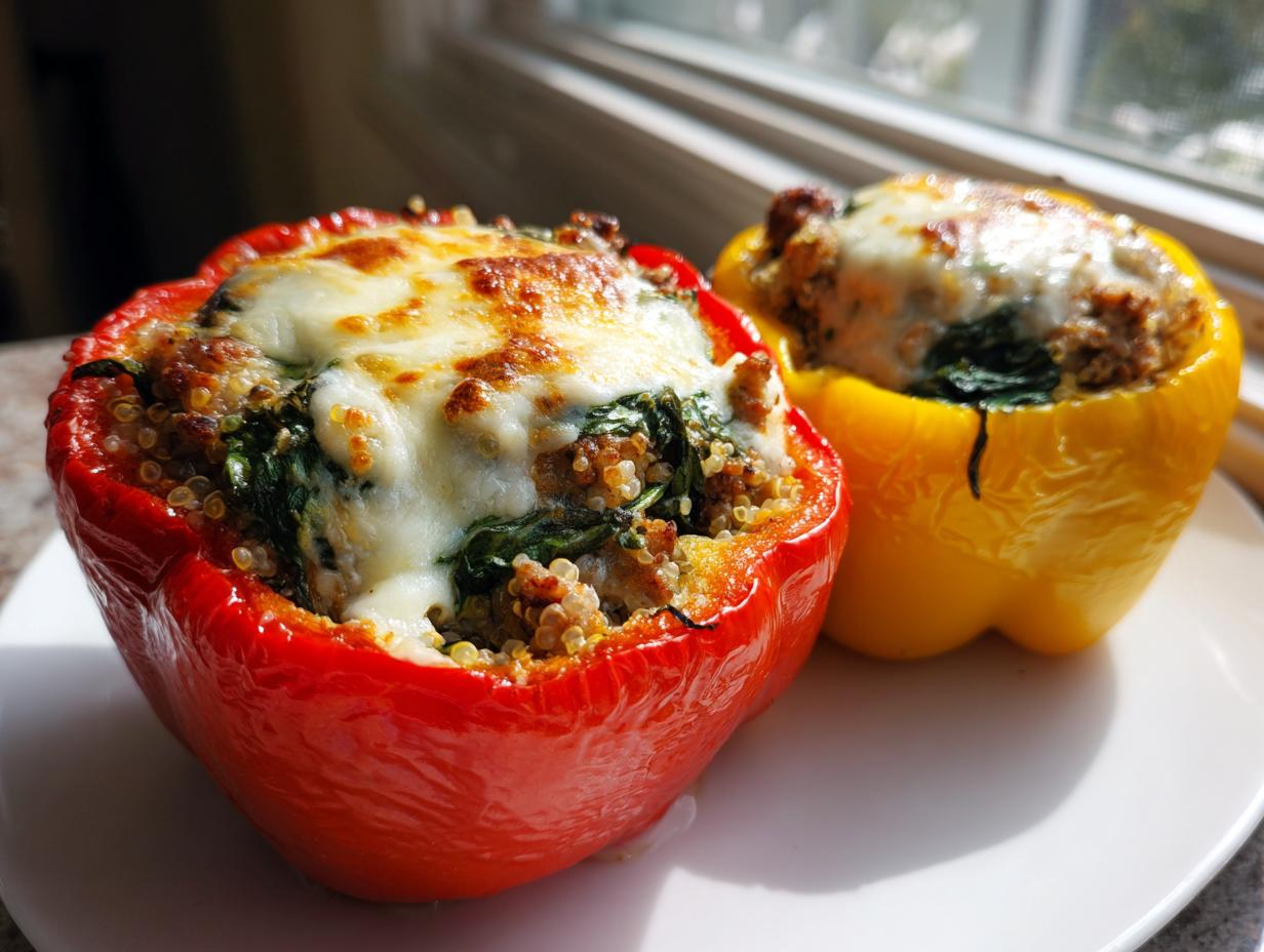 Two baked ground turkey stuffed peppers, one red and one yellow, topped with melted, browned cheese.