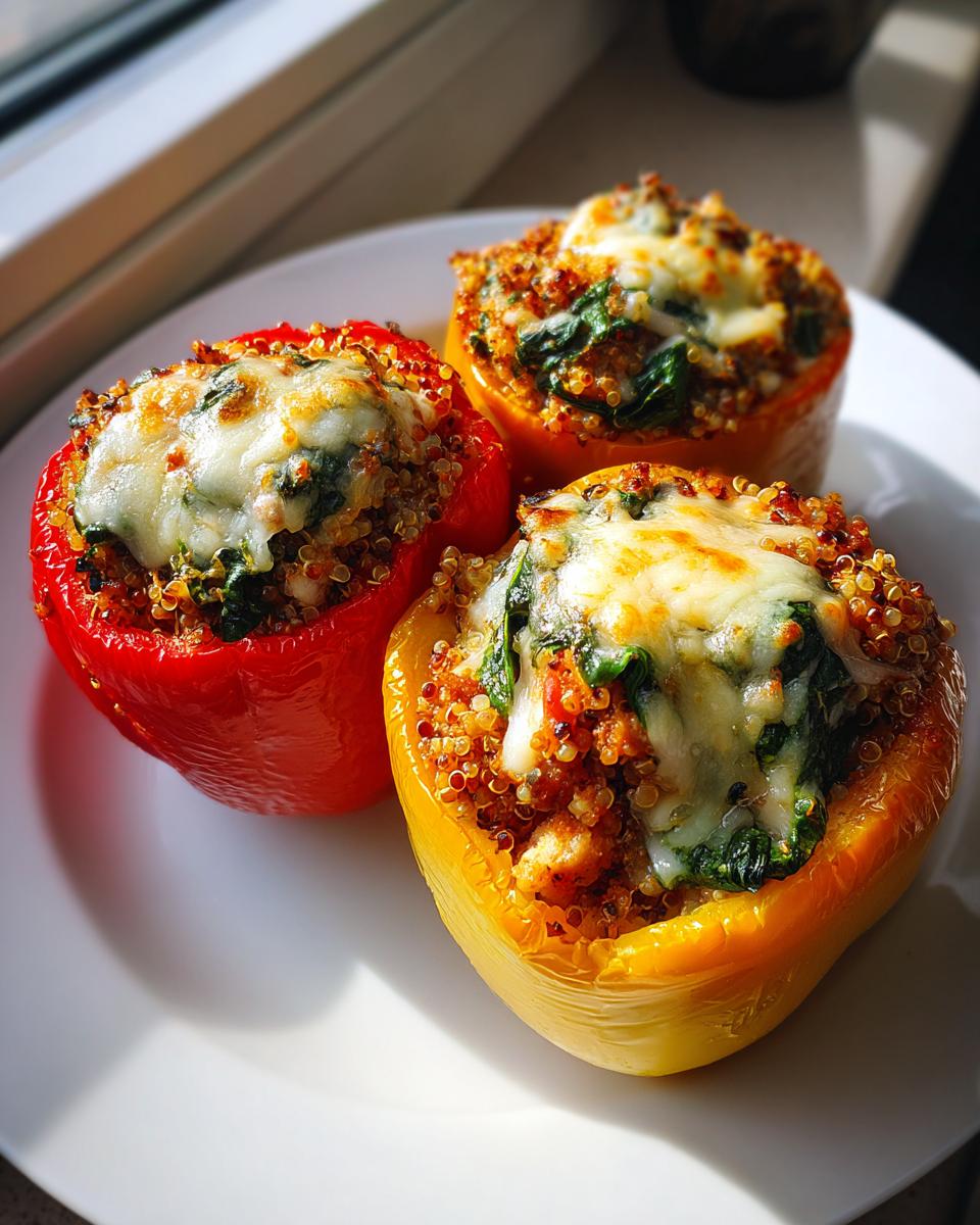 Three colorful ground turkey stuffed peppers, topped with melted cheese and quinoa, served on a white plate.