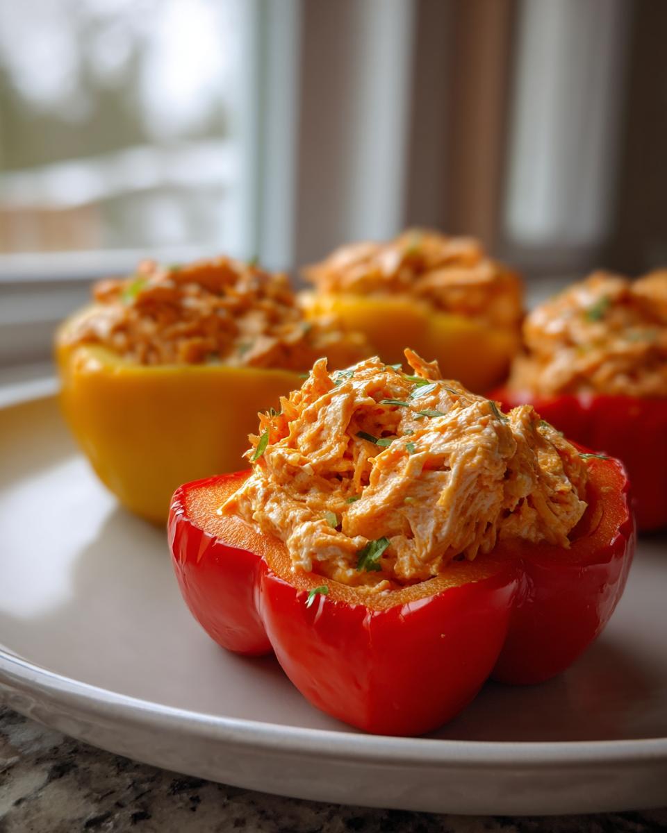 Close-up of a red bell pepper half stuffed generously with creamy, orange buffalo chicken mixture, garnished with herbs.