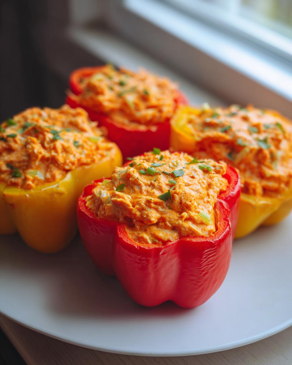 Four bright buffalo chicken stuffed peppers, red and yellow, piled high with filling and garnished with chives.