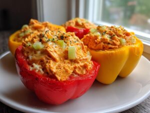 Close-up of two halves of buffalo chicken stuffed peppers, one red and one yellow, filled with orange buffalo chicken mixture.