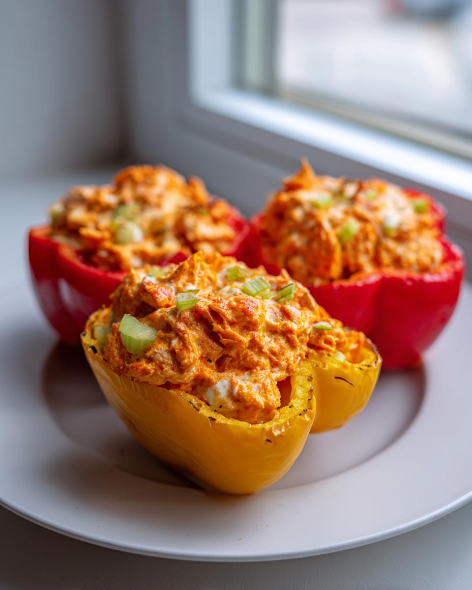 Three buffalo chicken stuffed peppers, one yellow and two red, filled with creamy orange mixture and topped with green onions.