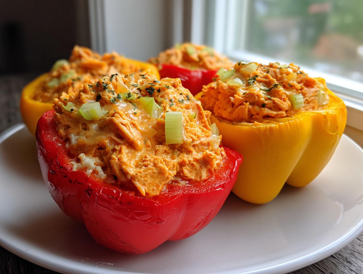 Close-up of two halves of buffalo chicken stuffed peppers, one red and one yellow, filled with orange buffalo chicken mixture.