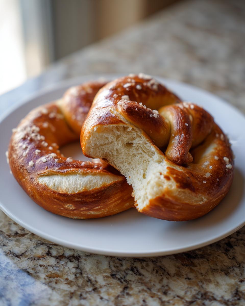 A soft, golden-brown high-protein high-fiber pretzel cut in half, showing the fluffy interior on a white plate.