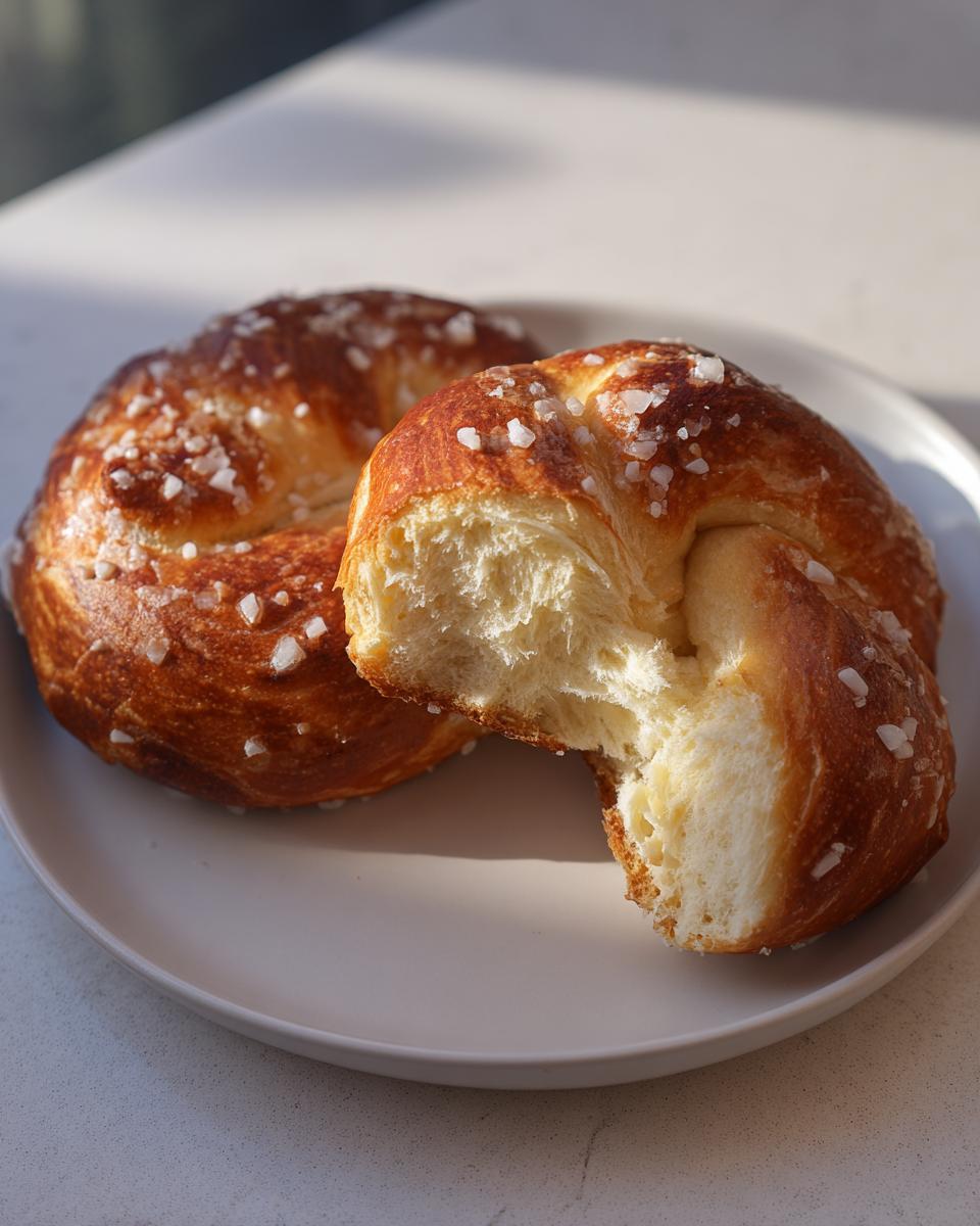 Close-up of two golden-brown high-protein high-fiber pretzels, one broken open to show the soft, fluffy interior.
