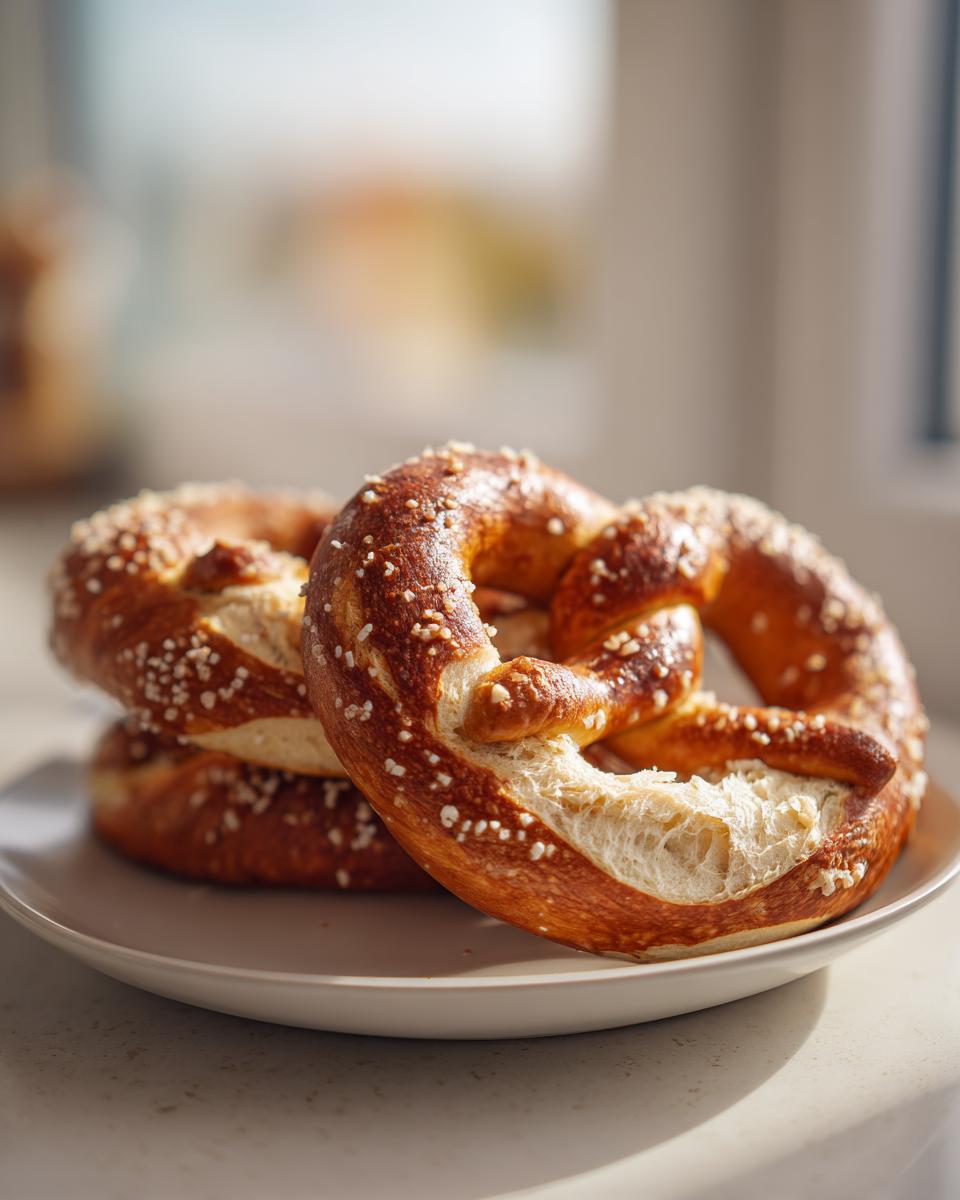 Close-up of two freshly baked, golden-brown high-protein high-fiber pretzels sprinkled with coarse salt on a white plate.